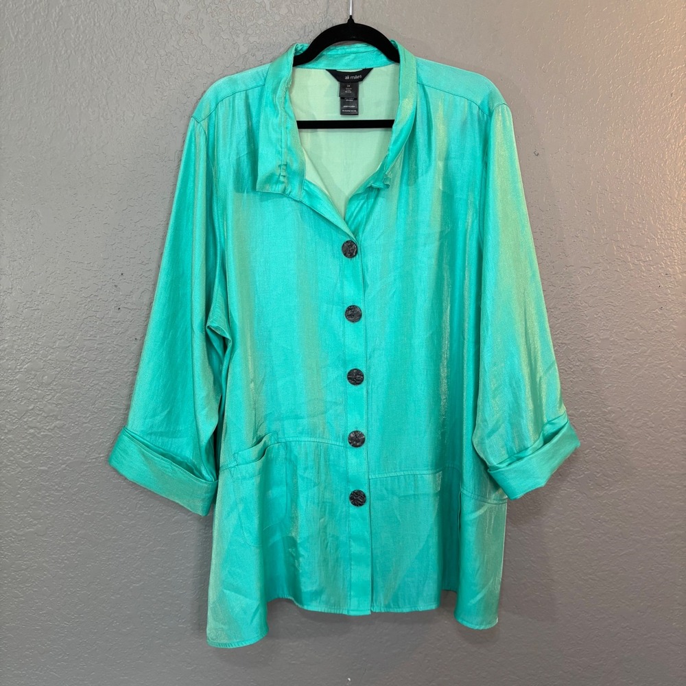 Ali Miles Teal Green Metallic Button Front Tunic Top 3/4 Sleeve Plus Size 2X